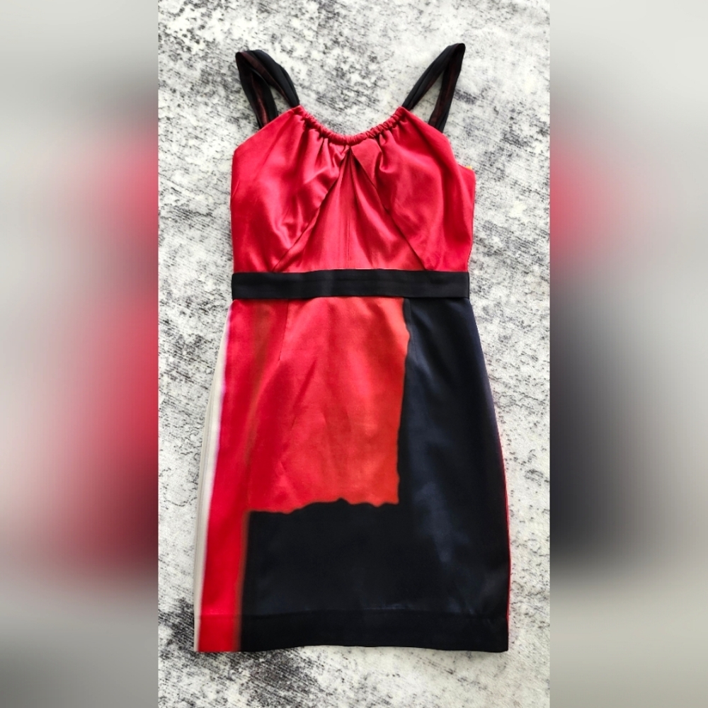 Elie Tahari Silk Colorblock Belted Party Dress Size 4 Red Black White Purple